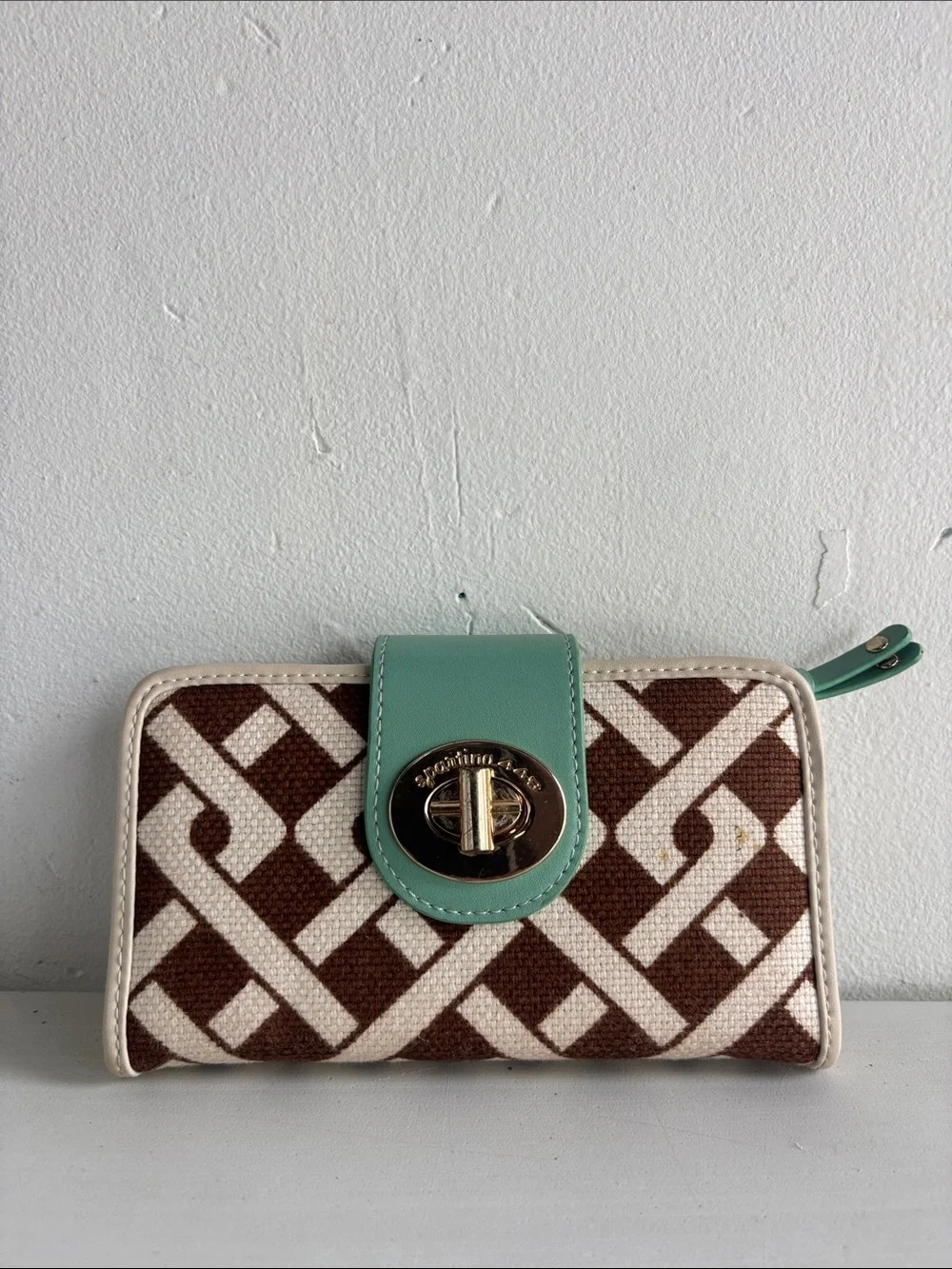 Spartina 449 Brown & Cream Geometric Wallet with Mint Strap